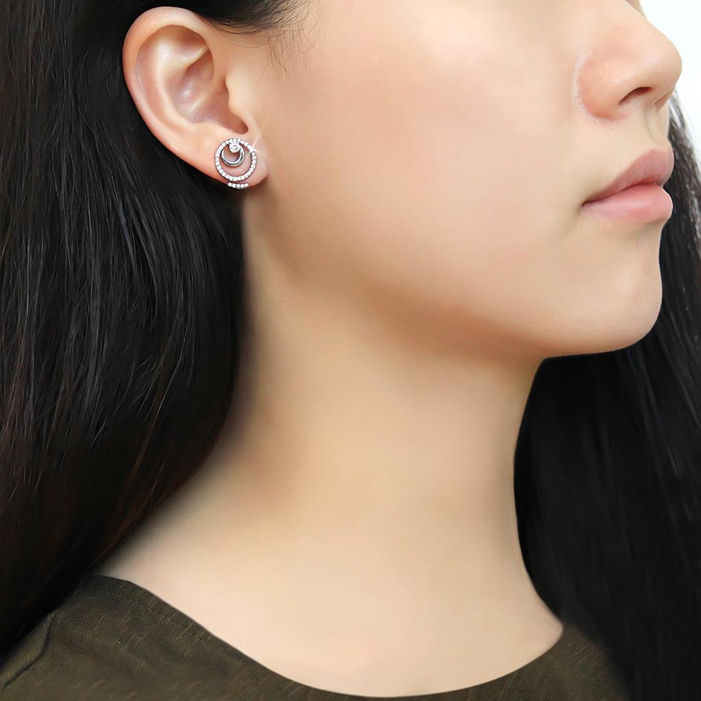 DA069 - High polished (no plating) Stainless Steel Earrings with AAA Grade CZ in Clear-2