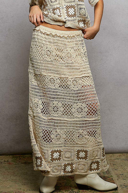 POL Floral Crochet Ruffled Waistband Maxi Skirt with Granny Square Weave-0