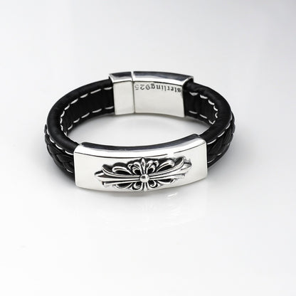 CH Croix Crusader Flower Leather Bracelet, Thai Silver Cross Bracelet, Vintage Distressed Style, Unisex Couple Bracelet