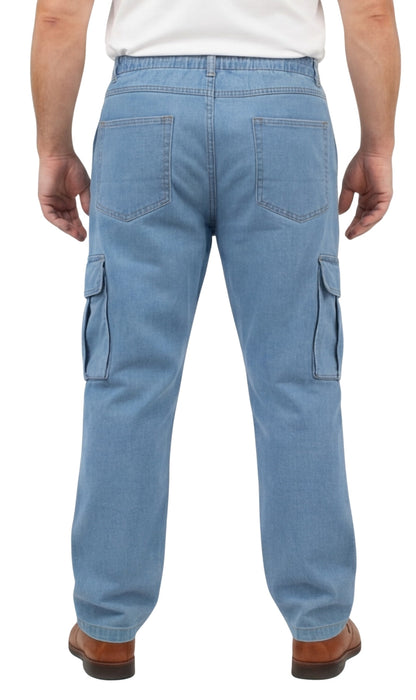 Men's Lightweight Double Cargo Pocket Pull-On Jeans – Cotton Blend Cargo Pants with Elastic Waist