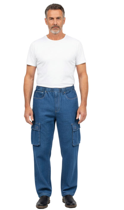 Men's Lightweight Double Cargo Pocket Pull-On Jeans – Cotton Blend Cargo Pants with Elastic Waist
