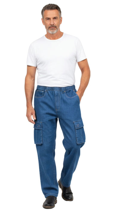 Men's Lightweight Double Cargo Pocket Pull-On Jeans – Cotton Blend Cargo Pants with Elastic Waist
