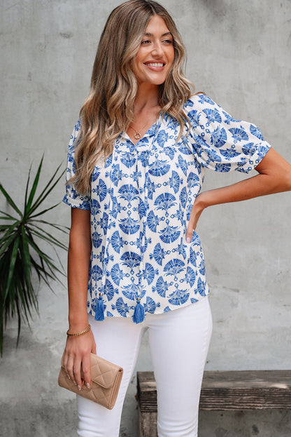 Grace Geometric Tassel Drawstring V Neck Blouse-3