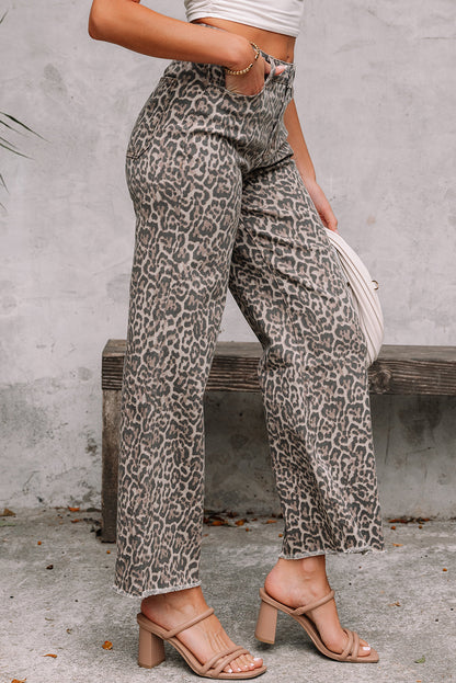 Brianna Leopard Frayed Edge Wide Leg High Waist Jeans-2