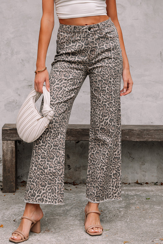 Brianna Leopard Frayed Edge Wide Leg High Waist Jeans-0