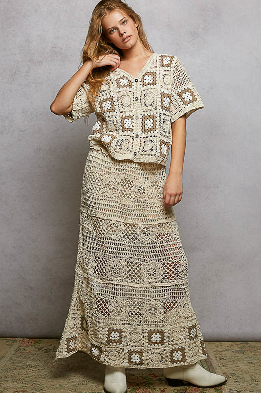 POL Floral Crochet Ruffled Waistband Maxi Skirt with Granny Square Weave-1