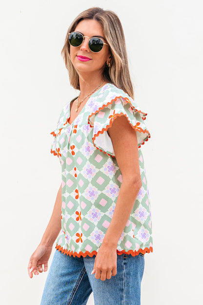 Belen Floral Layered Flutter Sleeve Rac Trim Blouse-2