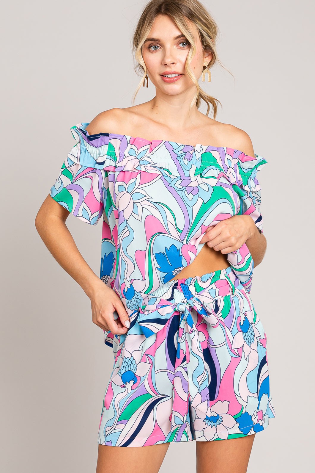 Cotton Bleu by Nu Label Abstracted Print Tie Front Shorts-3