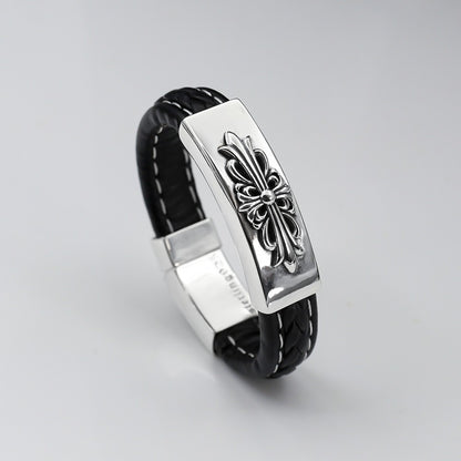 CH Croix Crusader Flower Leather Bracelet, Thai Silver Cross Bracelet, Vintage Distressed Style, Unisex Couple Bracelet