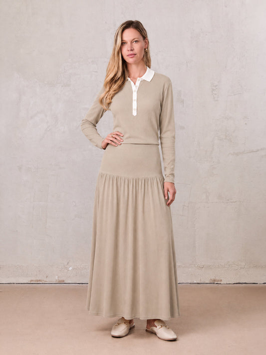 T-Shirt Ribbed Yoke Skirt-Tan