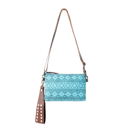 Myra Aztec Sky Cotton Belt Bag for Women in turquoise with leather detail