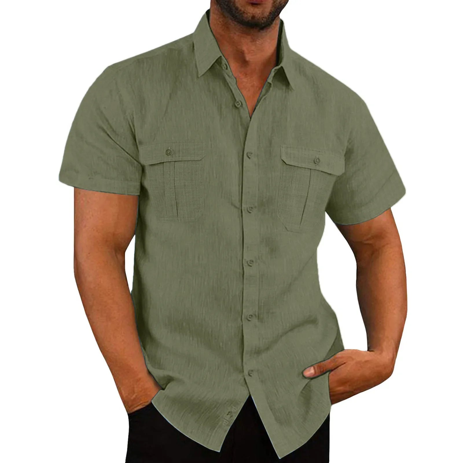 Cotton Linen Hot Sale Men Short-Sleeved Shirts Summer Solid Color Stand-Up Collar Casual Beach Style Plus SizeMale Shirts M-5XL-4