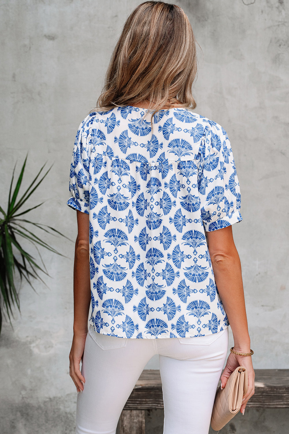 Grace Geometric Tassel Drawstring V Neck Blouse-1