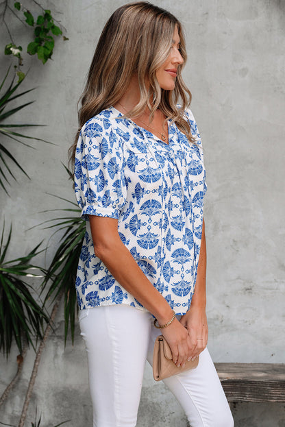 Grace Geometric Tassel Drawstring V Neck Blouse-2