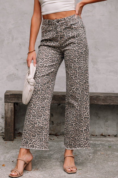 Brianna Leopard Frayed Edge Wide Leg High Waist Jeans-3