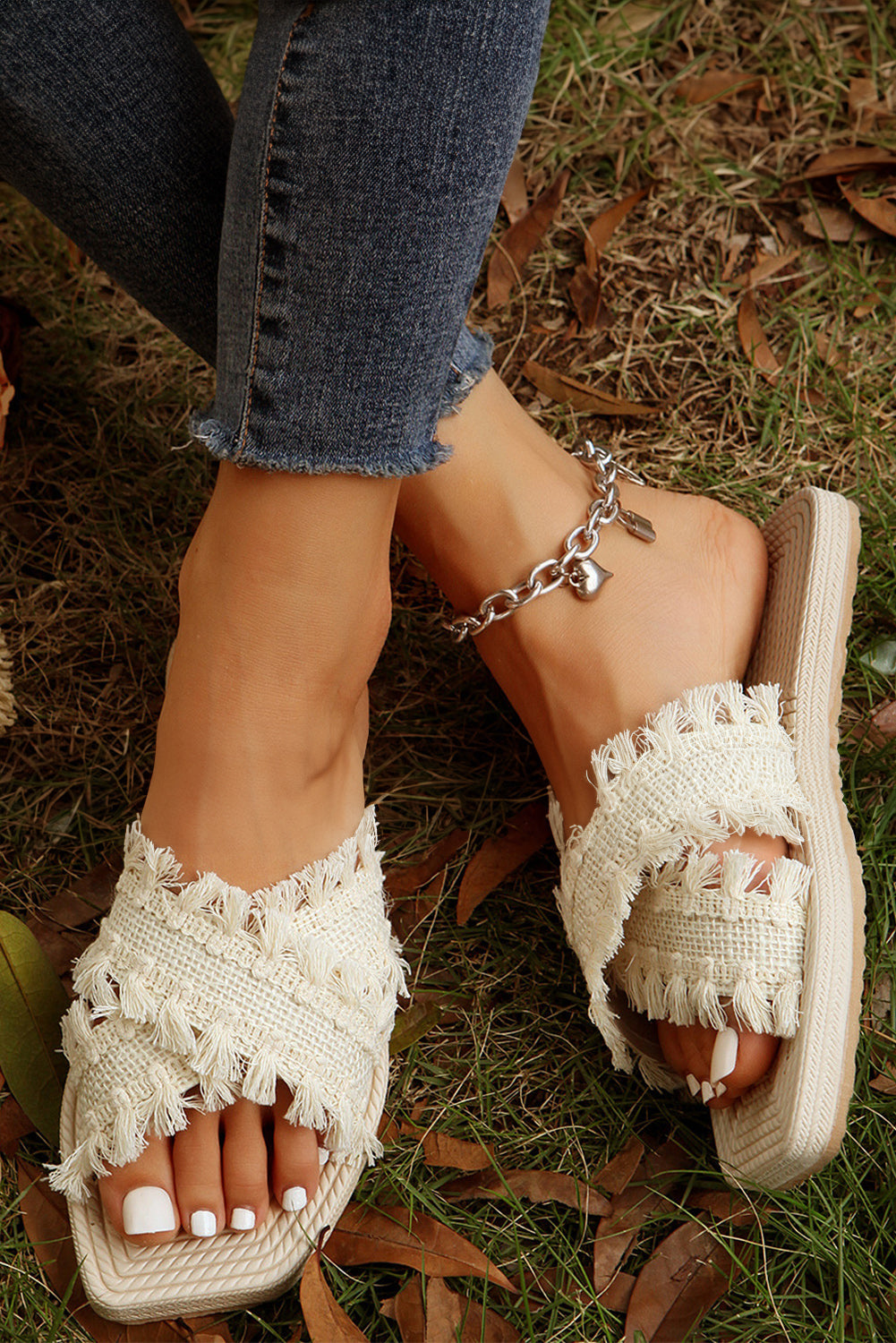 Vada Tassel Woven Crossed Straps Flat Slippers-1